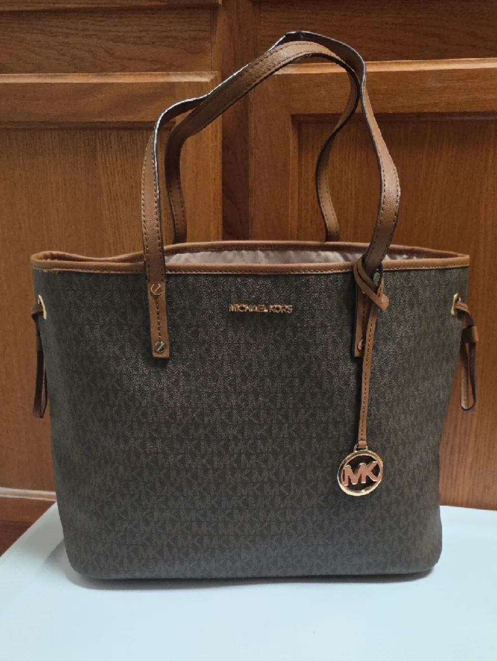 Michael Kors Brown Jet SetTote with Tan Trim and Gold Hardware